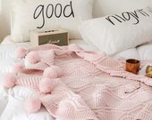 Pink Pom Pom Throw Blanket, Fluffy Pom Pom Throw, Pink Knitted Throw, Pink Sofa Throw, Bed Throw, Pink Blankets Throws, Free Delivery