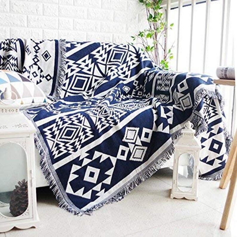 Navy Sofa Throw Fringed Aztec Throw Blanket Boho Throw Navy Throw Blanket Navy Bed Throw Large Throw Blanket Navy Blankets /& Throws