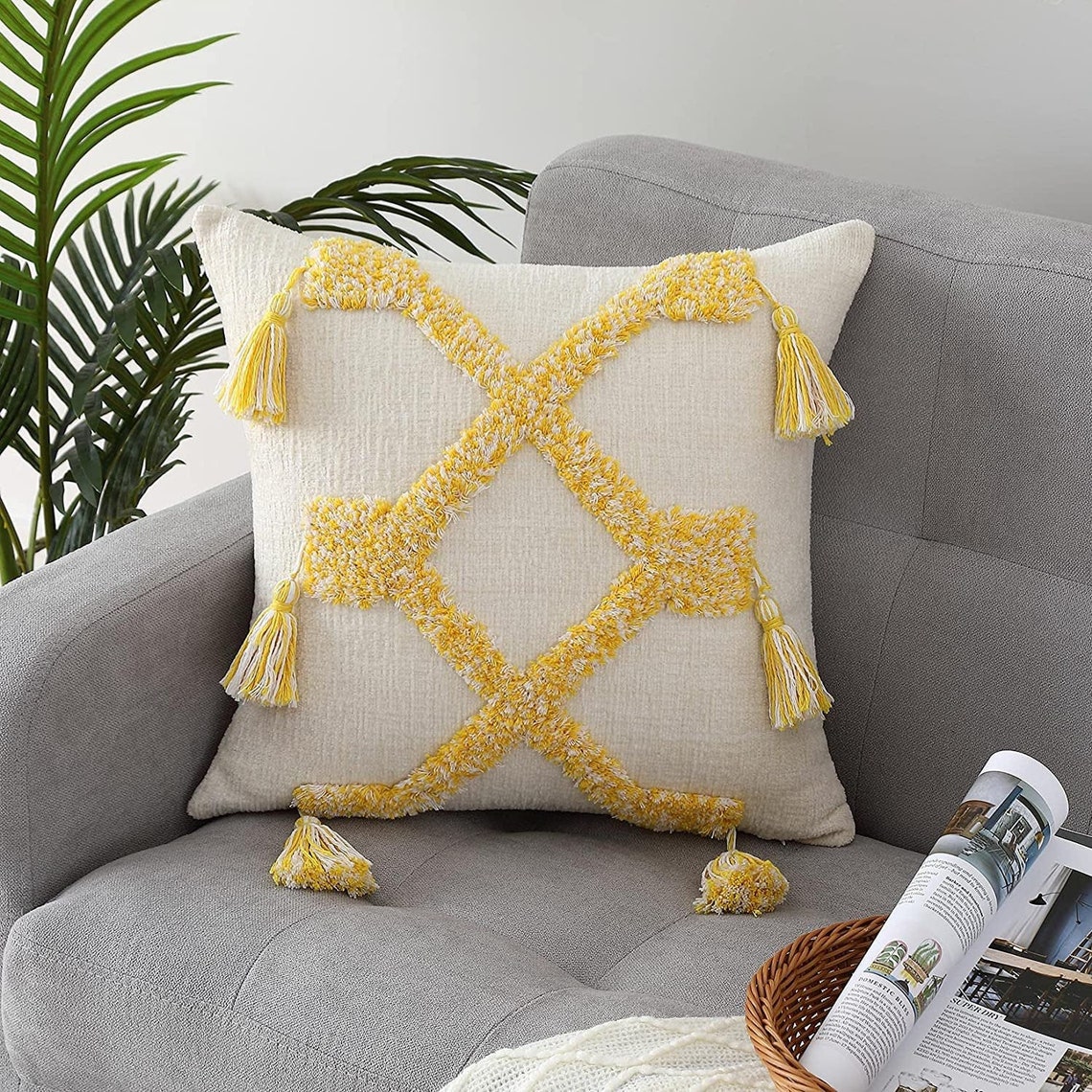 Woven Boho Cushion Bohemien Cushion Tufted Cushion Yellow Etsy