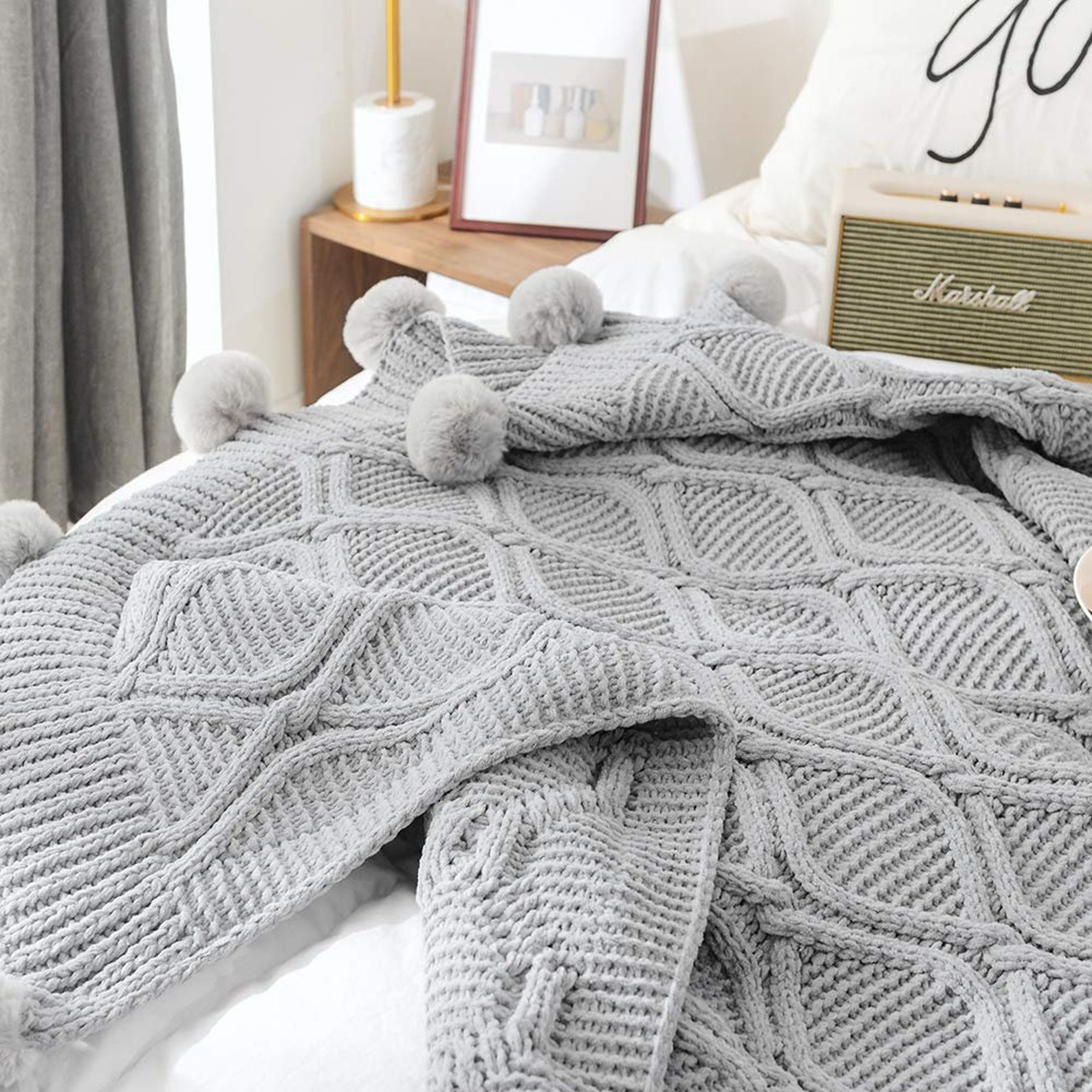 Pom Pom Grey Throw Blanket Fluffy Pom Pom Throw Grey Knitted Etsy