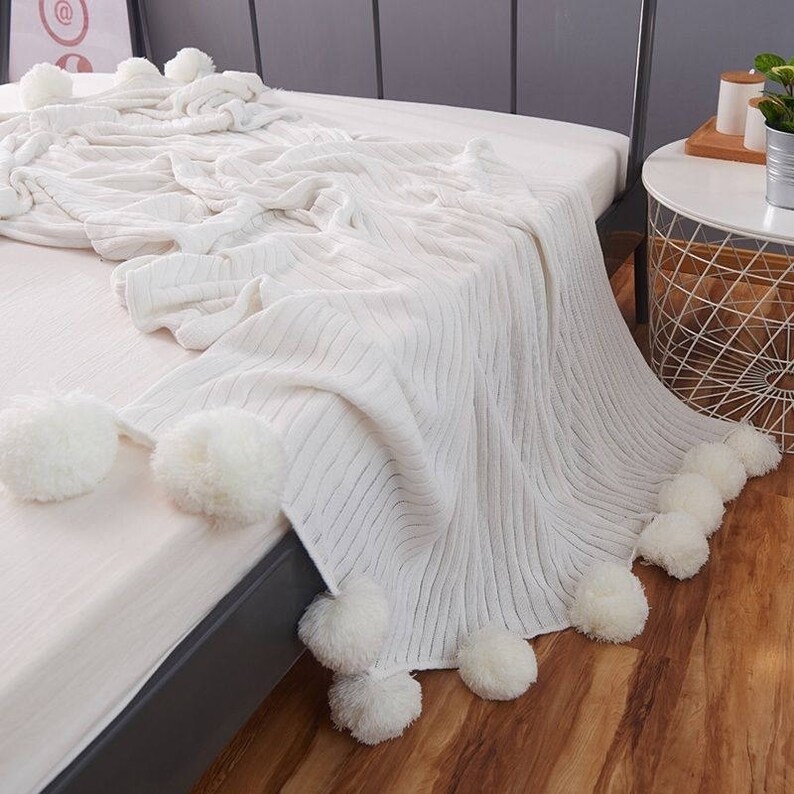Pom Pom White Throw Blanket Off White Sofa Throw Off White Etsy