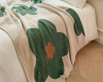 Natural & Green Throw Blanket, Monotone Throw Blanket, Bold Print Sofa Throw, Bed Throw, Flower Blanket, Bold Throw, Large Throw Blanket