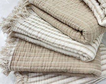 Natural Stripe Throw Blanket, Boho Throw Blanket, Stripe Sofa Throw, Woven Bed Throw, Muslin Throws, Cotton Throw, Large Throw Blanket