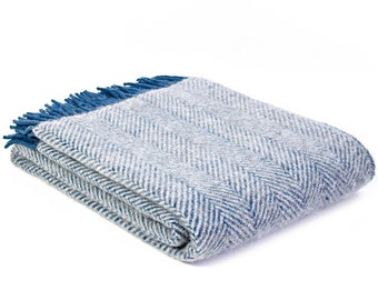 Blue Throw Blanket, 100% Wool - Blue Sofa Throw, Blue Bed Throw, Blue Herringbone, Blue Wool Blankets & Throws, Free UK Delivery