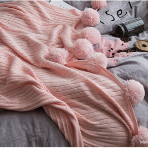 Pom Pom Soft Pink Throw Blanket, Pastel Pink Sofa Throw, Pink Bed Throw, Pink Blankets & Throws, Free Delivery image 5