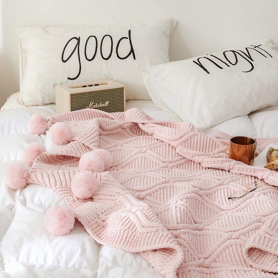 Pink Pom Pom Throw Blanket Fluffy Pom Pom Throw Pink Knitted Etsy