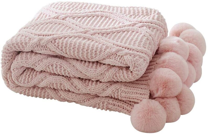 Pink Pom Pom Throw Blanket Fluffy Pom Pom Throw Pink Knitted Etsy