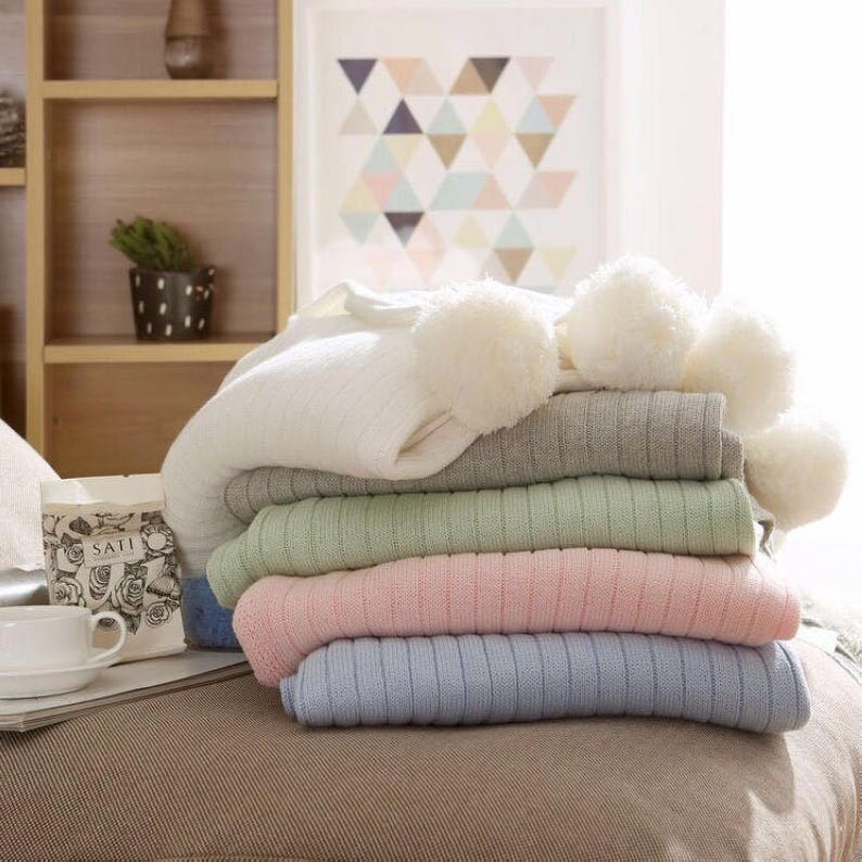 Pom Pom Grey Throw Blanket Pastel Grey Sofa Throw Grey Bed Etsy