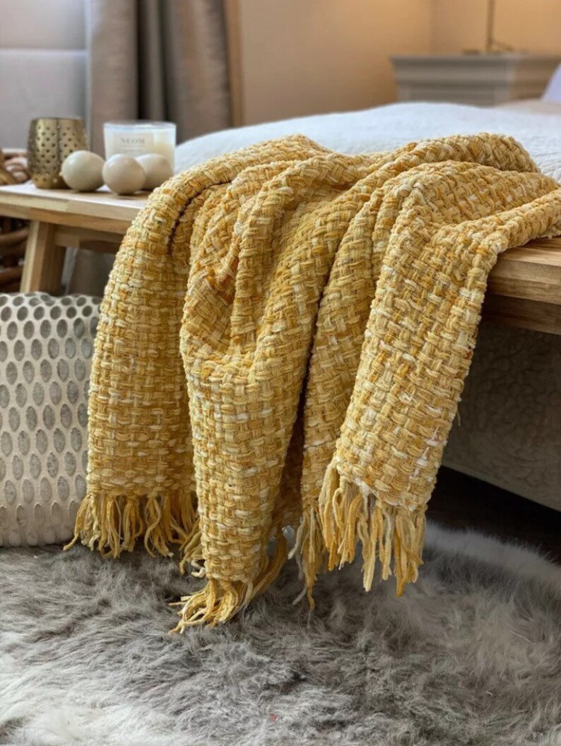 Yellow Throw Blanket Yellow Woven Throw Woven Throw Yellow Etsy UK