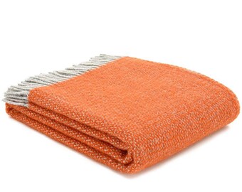 Orange Throw Blanket, 100% Wool - Orange Sofa Throw, Orange Bed Throw, Orange Herringbone, Orange Wool Blankets & Throws, Free UK Delivery
