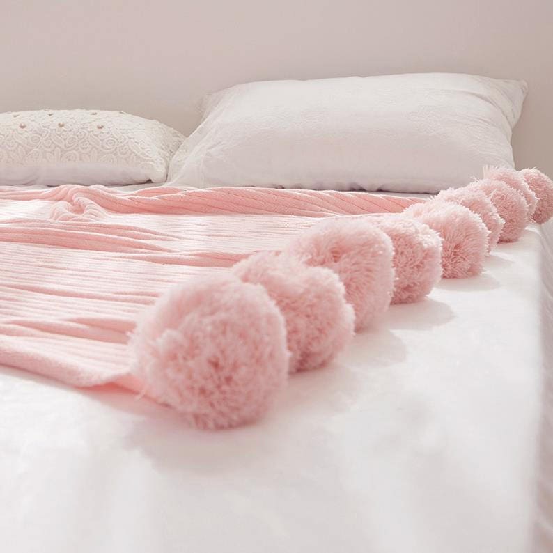 Pom Pom Soft Pink Throw Blanket, Pastel Pink Sofa Throw, Pink Bed Throw, Pink Blankets & Throws, Free Delivery image 4