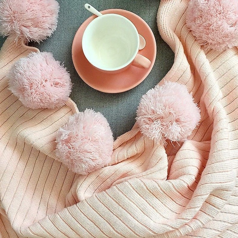 Pom Pom Soft Pink Throw Blanket, Pastel Pink Sofa Throw, Pink Bed Throw, Pink Blankets & Throws, Free Delivery image 1