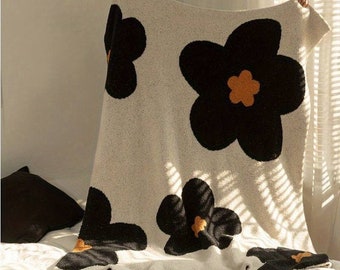 Natural & Black Throw Blanket, Monotone Throw Blanket, Bold Print Sofa Throw, Bed Throw, Flower Blanket, Bold Throw, Large Throw Blanket
