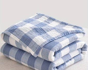 Blue Gingham Throw Blanket, Boho Throw Blanket, Checked Sofa Throw, Woven Bed Throw, Blankets & Throws, Cotton Throw, Large Throw Blanket