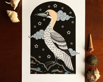 Gordon the Gannet : A3 giclée art print / wildlife illustration / sea birds / nature inspired