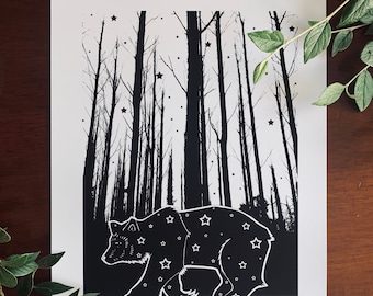 Spirit : A3 giclée print / magical forest dwelling bear / stars and constellations / ursa major