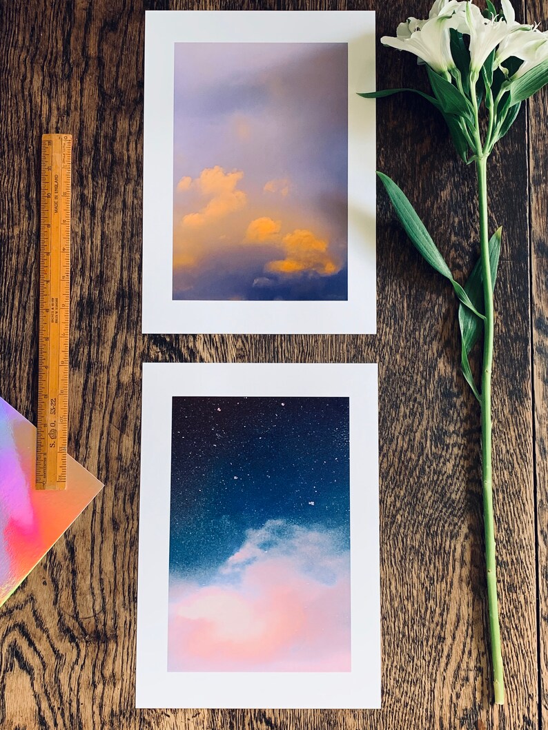 Marshmallow clouds : pair of photographic giclée prints / A4 size / sky lovers, sunset, cloud art image 1