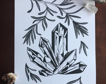 Rosemary and Crystals - gems and botanicals, giclée print / apothecary, spells and herbalism, gifts and home decor, boho vibes