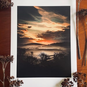 Rising Sun, Morning Mist : A3 giclée art print,satin finish / Ballynahinch, County Down, Northern Ireland / atmospheric / drumlins image 1