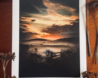 Rising Sun, Morning Mist : A3 giclée art print,satin finish / Ballynahinch, County Down, Northern Ireland / atmospheric / drumlins