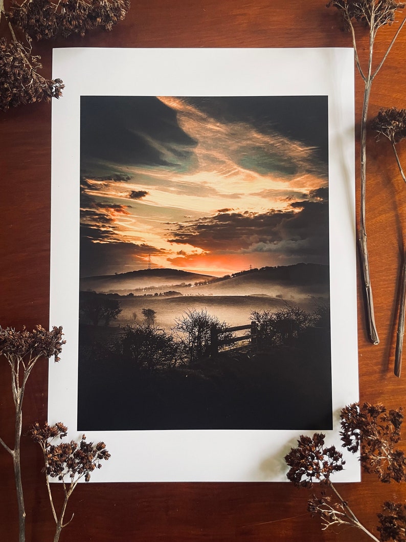 Rising Sun, Morning Mist : A3 giclée art print,satin finish / Ballynahinch, County Down, Northern Ireland / atmospheric / drumlins image 1