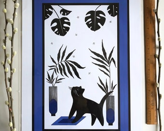 Temptation : A3 giclée cat illustration print, blue colourway / catlovers, houseplants, indoor garden, urban jungle