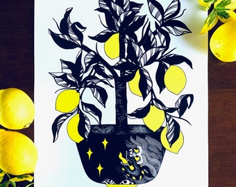 Lemon Tree : A3 giclée art print / botanical illustration / plant lovers / urban jungle / foo dog / indoor garden