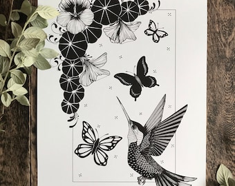 Nectar : A3 gicée illustration art print / hummingbird, nasturtiums, butterflies / birdwatching, wildlife lovers