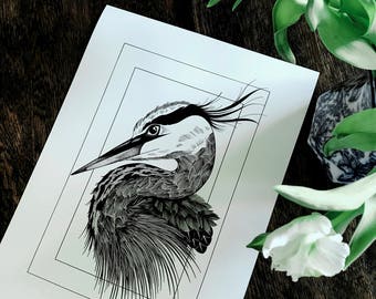 Grey Heron - large giclée print / wildlife lovers, birdwatchers, animals of Ireland, twitchers, illustrative home design, wall decor