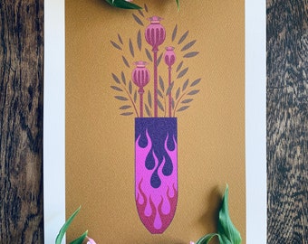 Papaver orientale : oriental poppy seed pods  / A3 giclée art print / botanical illustration, contemporary home decor