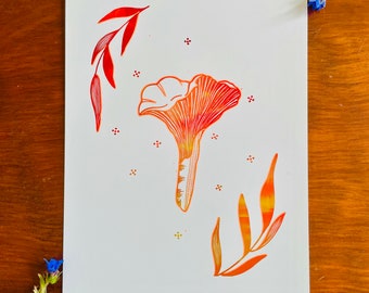 Chanterelle : A4 giclée art print, matte finish, embellished by hand with orange neon ink / botanical illustration