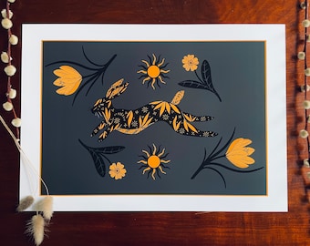 Spirit of Spring : A3 giclée art print, matte finish / wildlife art / Northern Irish artist / hare / ornamental art