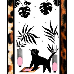 Temptation : A3 giclée cat illustration print, leopard print detail / gloss finish / catlovers, houseplants, indoor garden, urban jungle image 4