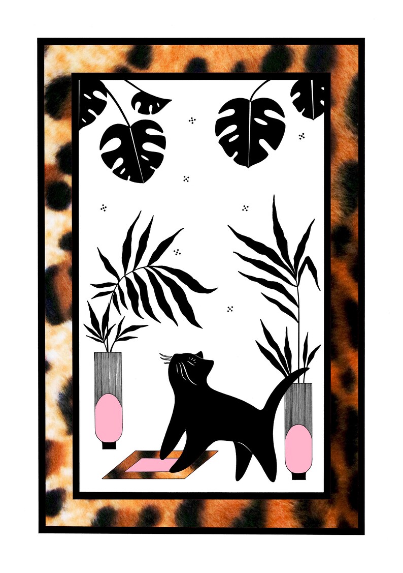 Temptation : A3 giclée cat illustration print, leopard print detail / gloss finish / catlovers, houseplants, indoor garden, urban jungle image 4