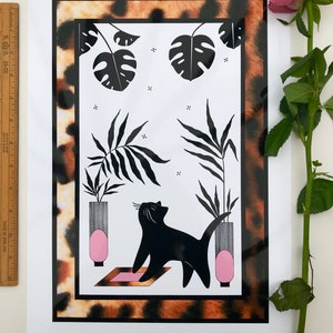 Temptation : A3 giclée cat illustration print, leopard print detail / gloss finish / catlovers, houseplants, indoor garden, urban jungle image 1