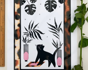Temptation : A3 giclée cat illustration print, leopard print detail / gloss finish / catlovers, houseplants, indoor garden, urban jungle