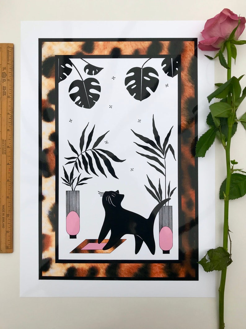 Temptation : A3 giclée cat illustration print, leopard print detail / gloss finish / catlovers, houseplants, indoor garden, urban jungle image 1