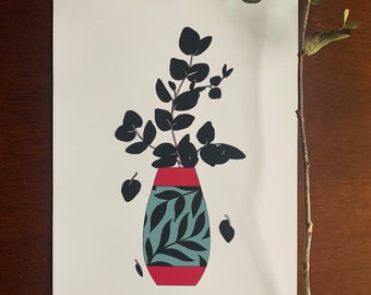 Eucalyptus in Vase : A3 giclée art print, matte finish / botanical illustration