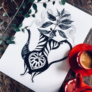Café du matin-appeler tous les amateurs de café: grand botanique giclée print, pot de café/café plante, art mural, cuisine, Coffee Shop image 1