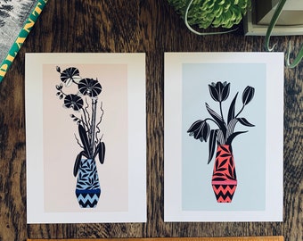 Flower Power : pair of A5 botanical mini prints / urban jungle, plant lovers, indoor garden, tulips, orchids, flower lovers / boho / calm