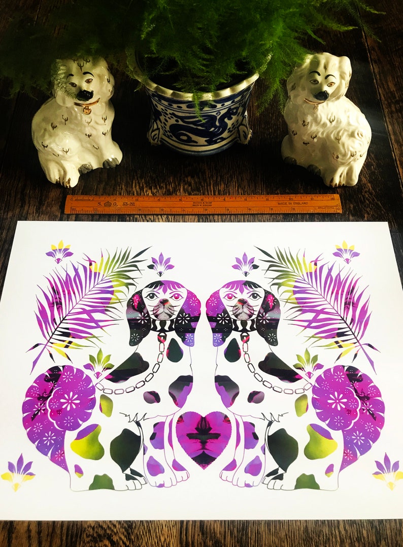 A3 giclée print, gloss finish : Staffordshire Dogs 2.0 / antique inspired illustration art print / dog lovers, animal lovers, victoriana image 1