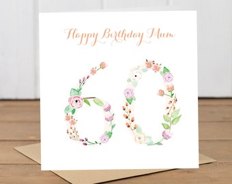 60th Floral Birthday Card with Personalised Name or Title