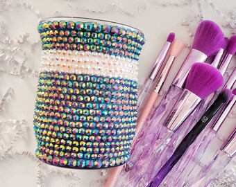 Purple Makeup Brush Holder, Purple Vanity Decor with Rhinestones Bling