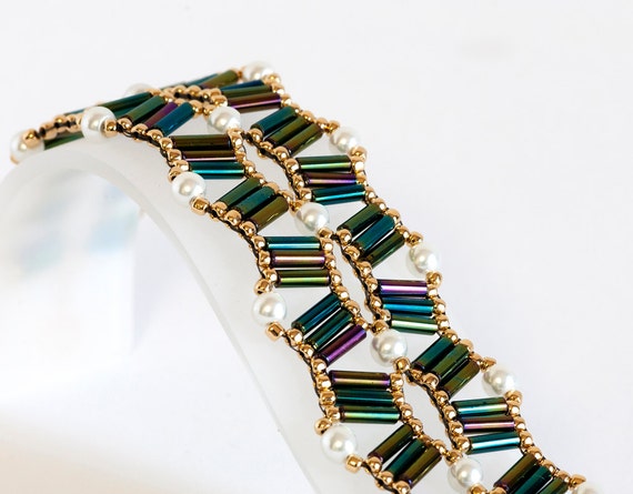 Bugle Bead Bracelet Beadwoven in Olive Green Iris Bugle Beads