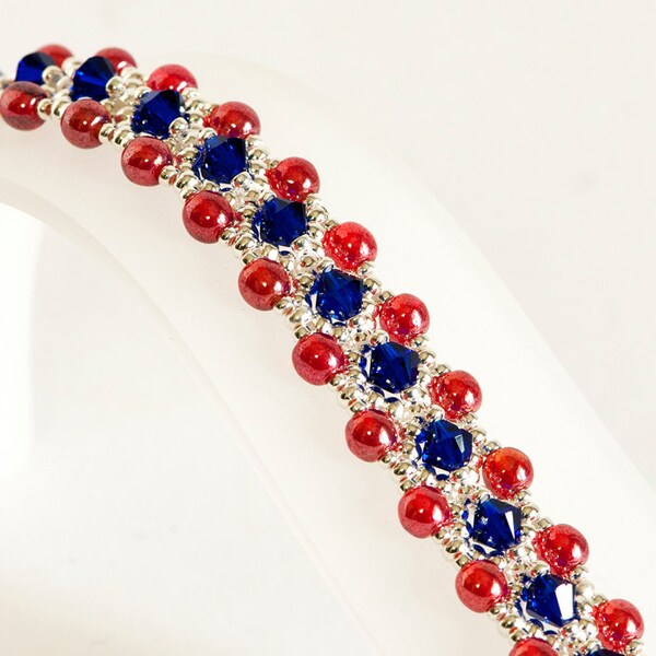 Crystal and Seed Bead Bracelet in Cobalt Blue Crystals and Red Luster Round Beads with Silver Seed Beads - Patriotic Jewelry - 4th of July