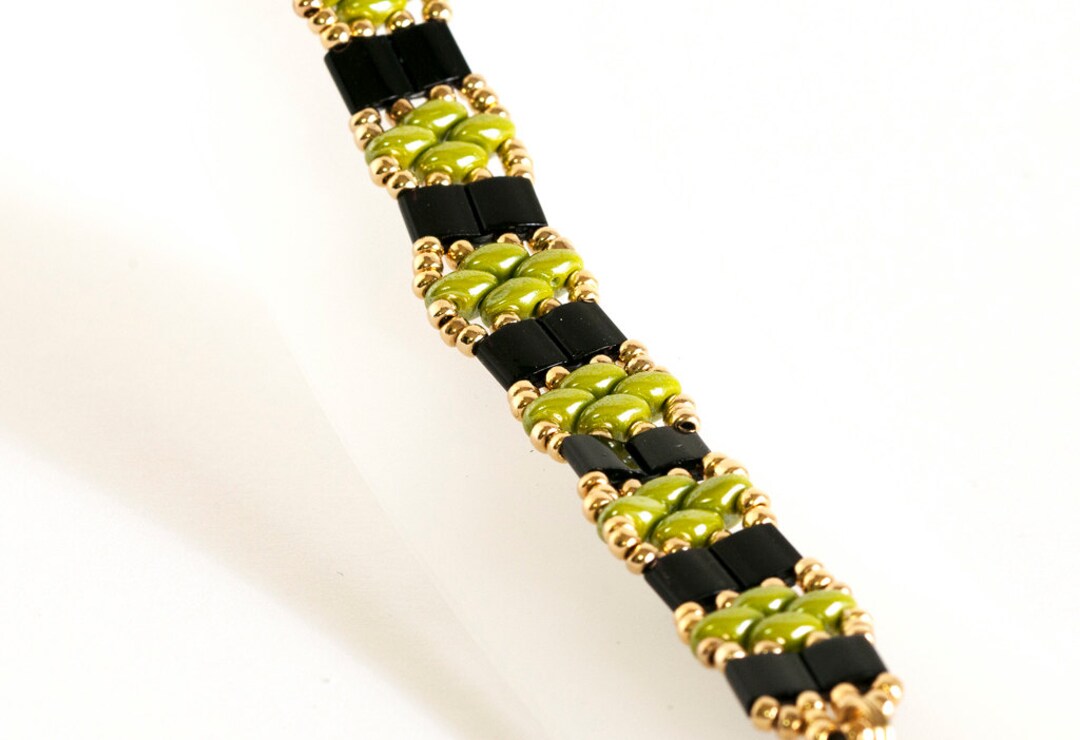 Tila and Superduo Bracelet Beadwoven in Black Tilas and Olive Superduos