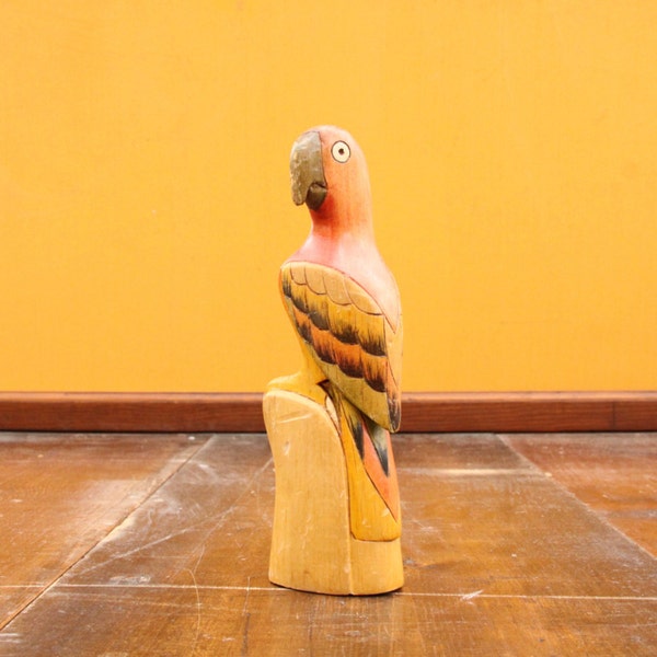 Vintage Wooden Tropical Bird Statue [Toucan Pink Wood Retro Figurine Decoration] 8 inches tall