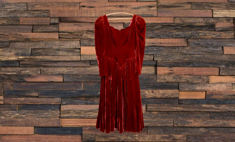 Vintage Dress Fancy Red Velvet 80s Era Size Small Burgundy Velour Scallop Scoop Neck Princess Sleeve Fancy Dress With A 29 Waist