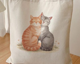 Orange and Gray Tabby Cats Canvas Tote Bag, Watercolor Couple