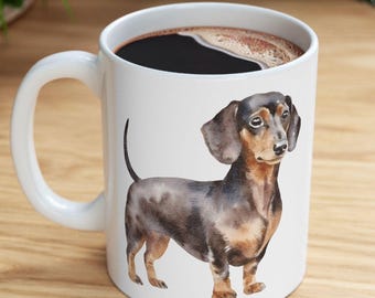 Dachshund Coffee Mug, Black Tan Doxie Watercolor Ceramic